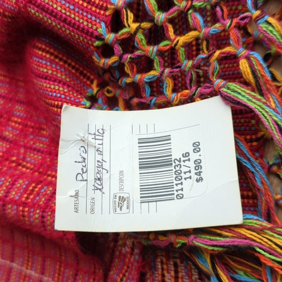 Vibrant Red Woven Shawl with Fringe Handmade In Mexico - Picture 2 of 5